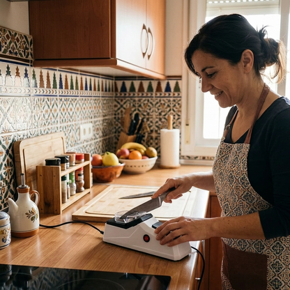 Cliente usando el afilador eléctrico