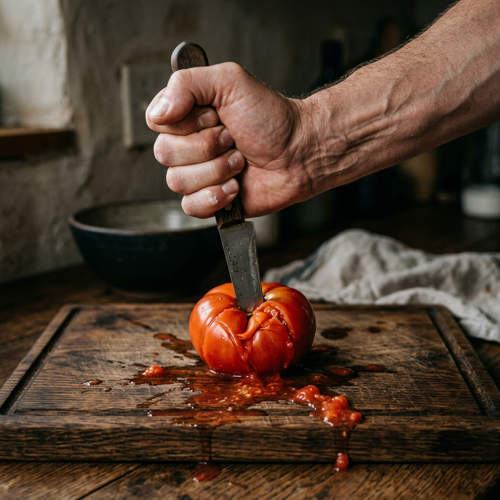 Cuchillo desafilado aplastando tomate
